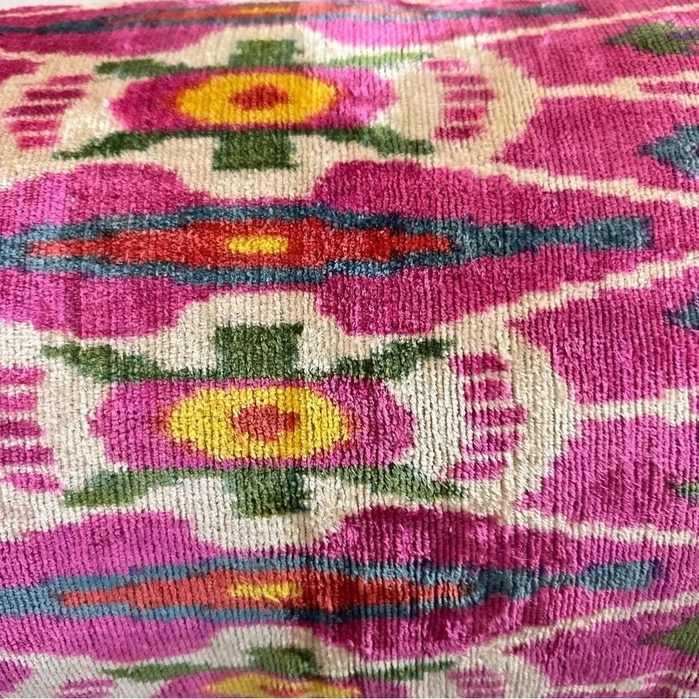 Handwoven silk velvet Ikat cushion, pillow down insert vibrant tribal pattern‌